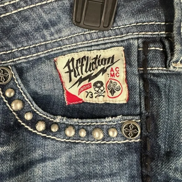 Affliction Women’s 27 Patch Jeans Denim Grunge Punk Street Whiskering Stretch - Picture 5 of 16